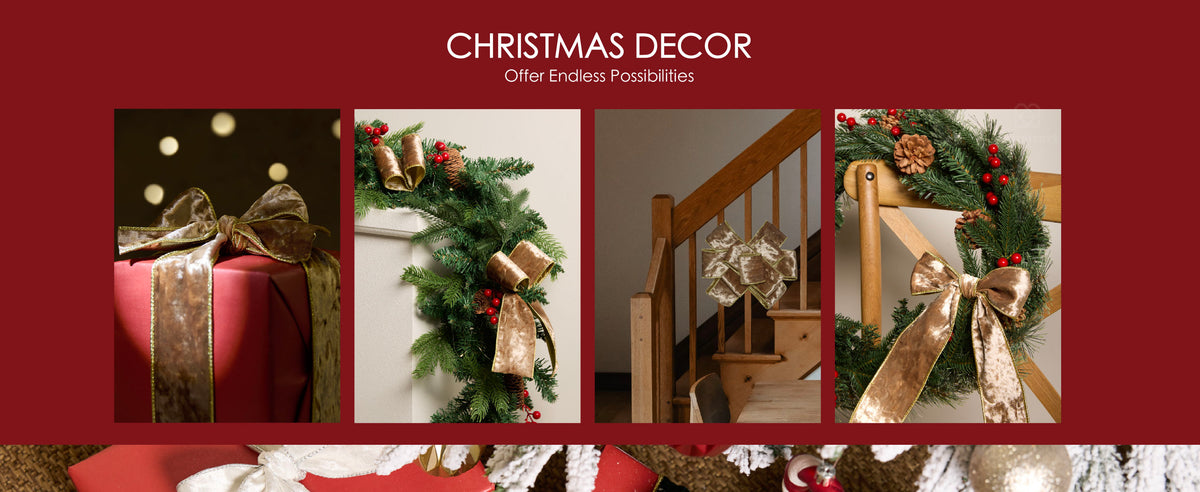 Nude wired velvet ribbon decorating gifts, evergreen garland, a stair bow, and wreath