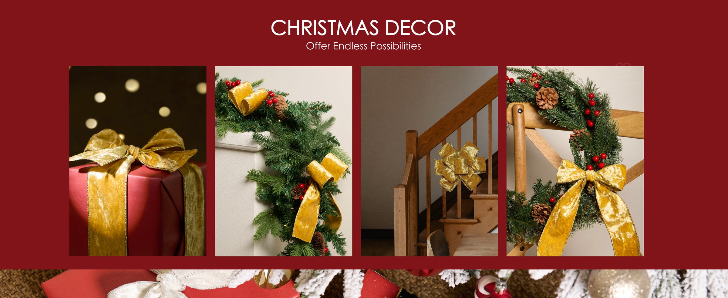 Gold wired velvet ribbon decorating gifts, garland, a stair rail, and a Christmas wreath