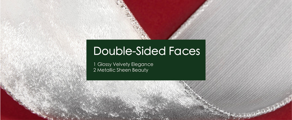 Close-up of white wired ribbon showing crushed velvet and smooth metallic faces