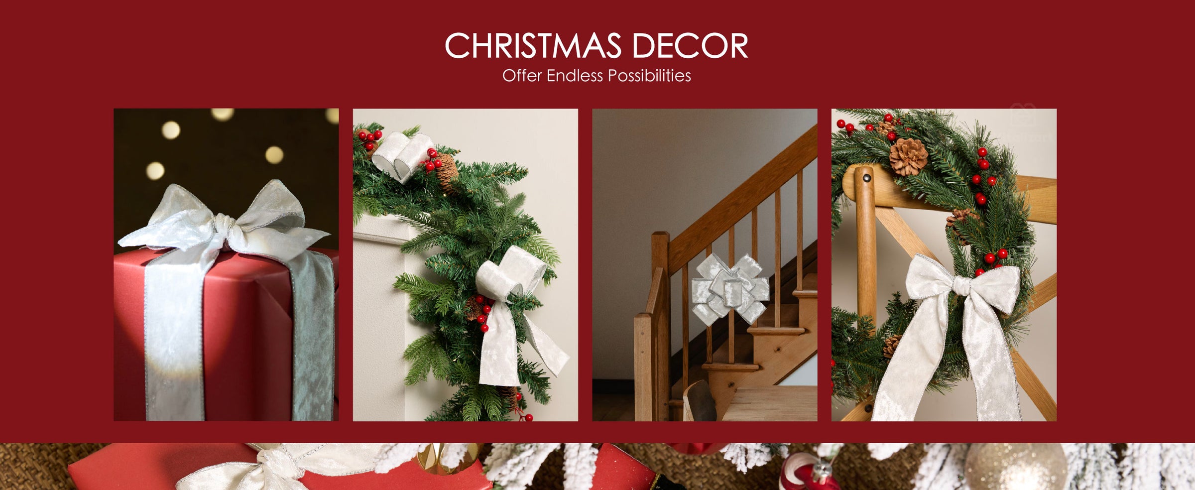 White velvet metallic-edged ribbon decorates Christmas gifts, garland, a staircase, and a wreath.