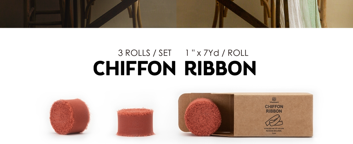 Three 1-inch rust-red chiffon ribbon rolls with soft frayed edges beside their kraft package.