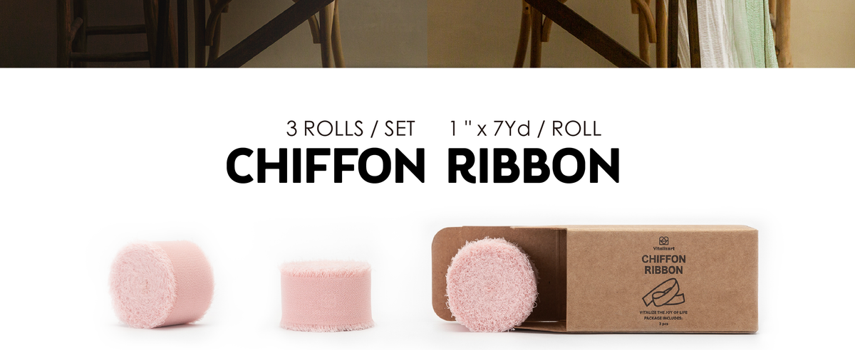Three 1-inch blush-pink chiffon ribbon rolls with soft frayed edges beside their kraft package.