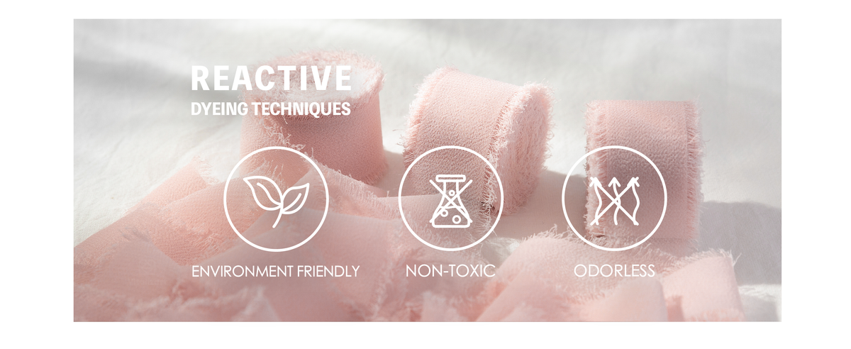 Blush-pink frayed chiffon ribbon with icons labeling it environment friendly, non-toxic, and odorless.