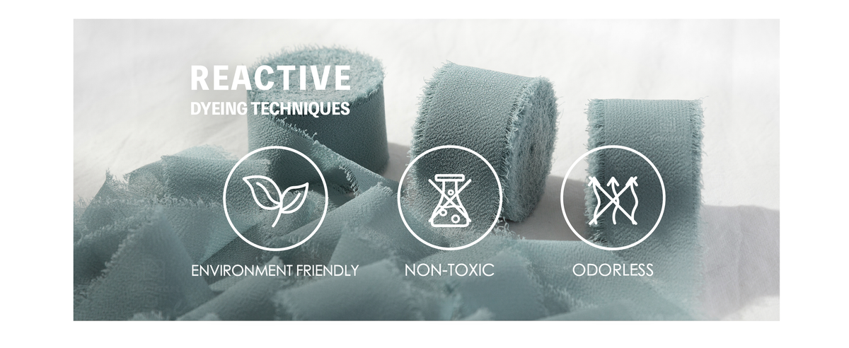 Dusty blue frayed chiffon ribbon with icons labeling it environment friendly, non-toxic, and odorless.