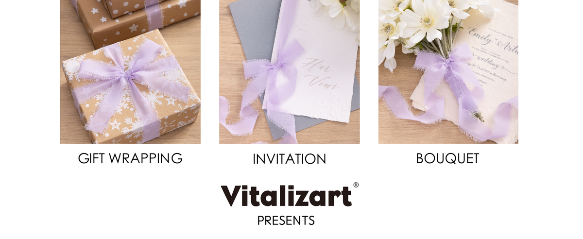 Lavender frayed-edge chiffon ribbon tied around gifts, invitations, and a white flower bouquet