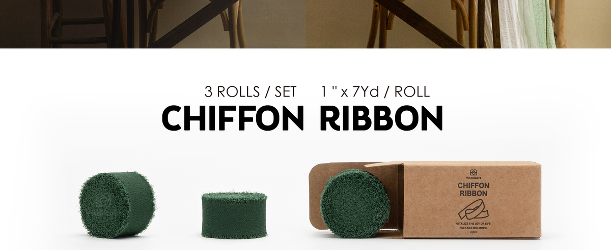 Three dark green chiffon ribbon rolls with frayed edges beside an open kraft package