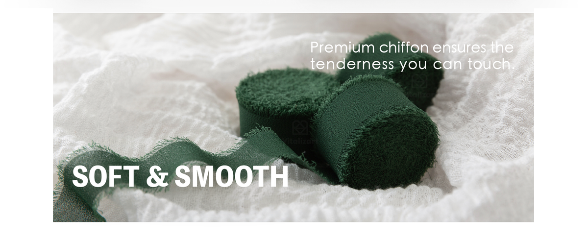 Dark green chiffon ribbon rolls and loose sheer ribbon with soft, frayed edges on white fabric
