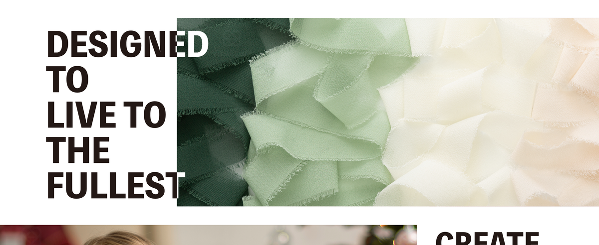 Frayed chiffon ribbons arranged in a gradient from dark green through pale green to cream