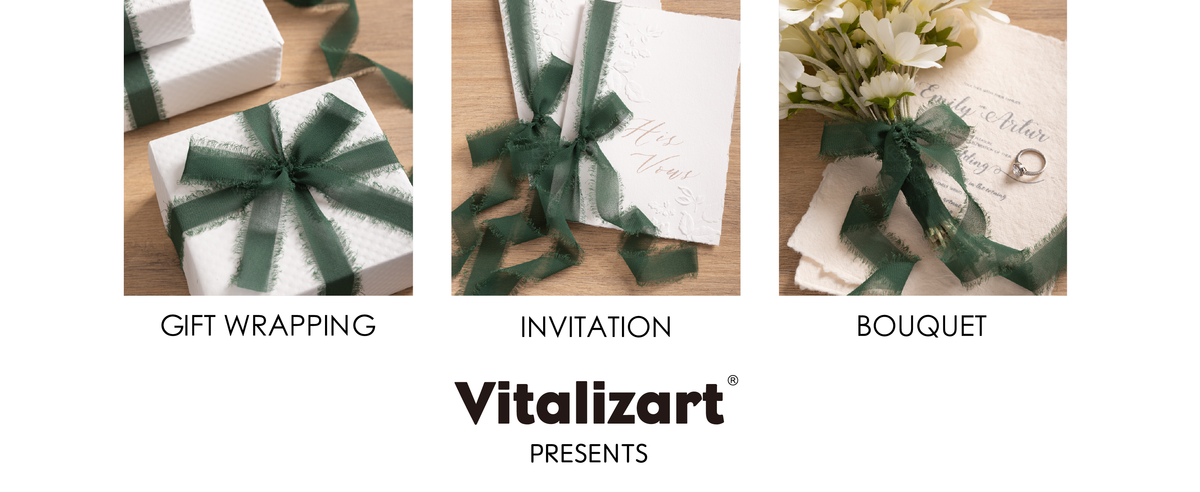 Dark green frayed chiffon ribbon tied around white gifts, invitations, and a flower bouquet