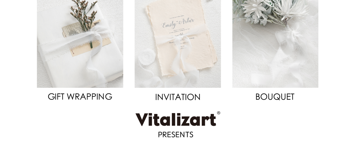 White chiffon ribbon used to wrap a gift, tie a wedding invitation, and finish a floral bouquet