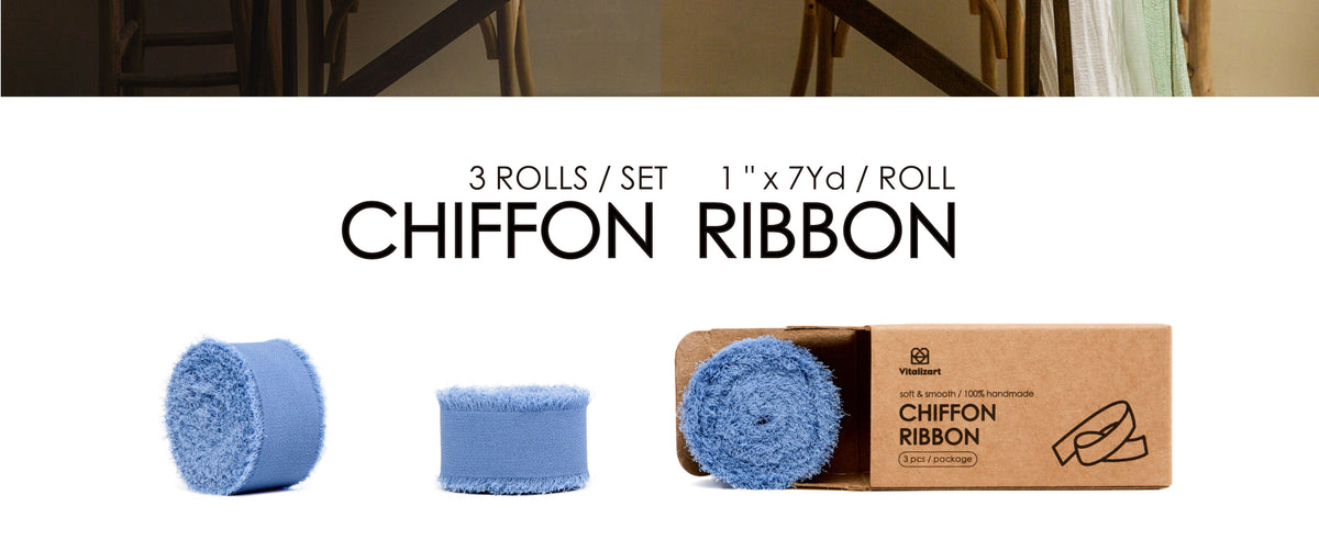 Three rolls of dusty blue chiffon ribbon with frayed edges beside an open kraft package.