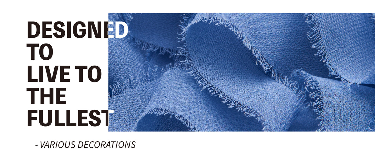 Layered dusty blue chiffon ribbon with airy woven texture, curled folds, and feathery frayed edges.