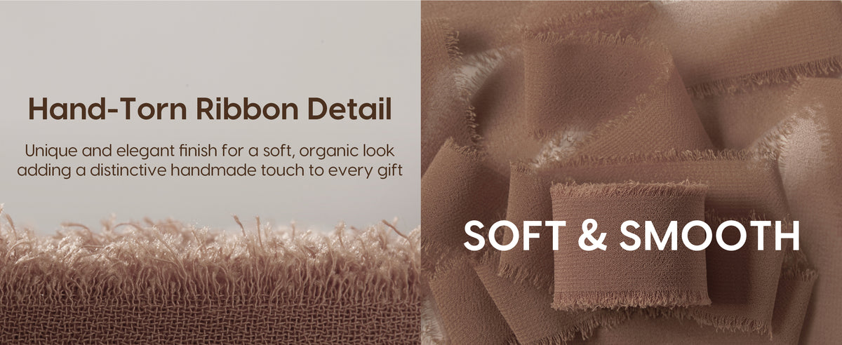 Close-up of brown chiffon ribbon showing its loose weave and softly frayed hand-torn edge.