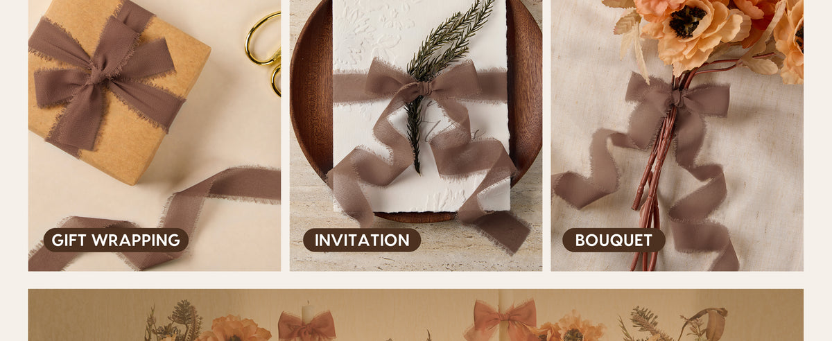Brown chiffon ribbon tied around a kraft gift, embossed invitation, and orange flower bouquet.