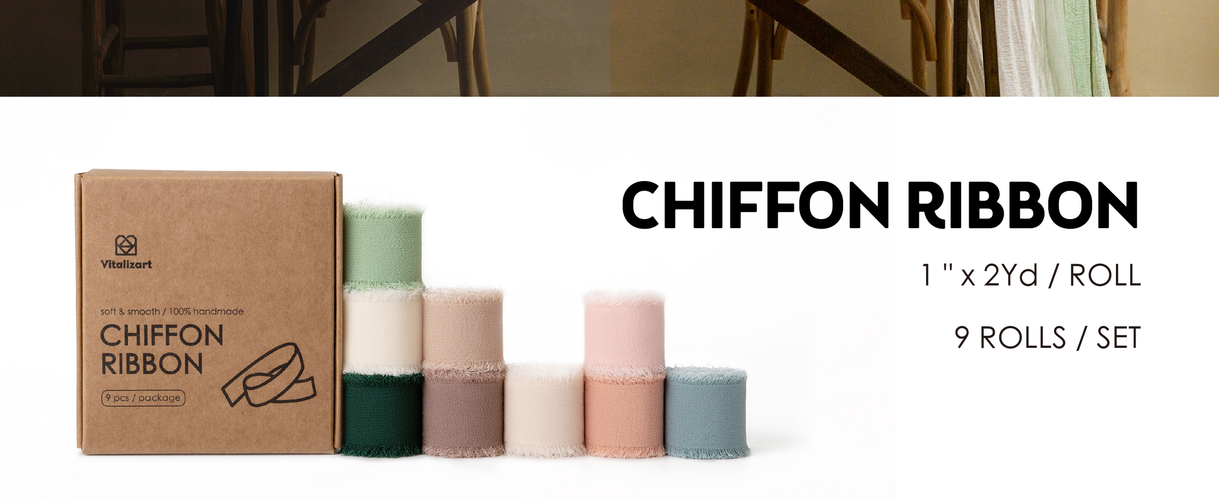 Nine rolls of frayed-edge chiffon ribbon in muted assorted colors beside a brown box