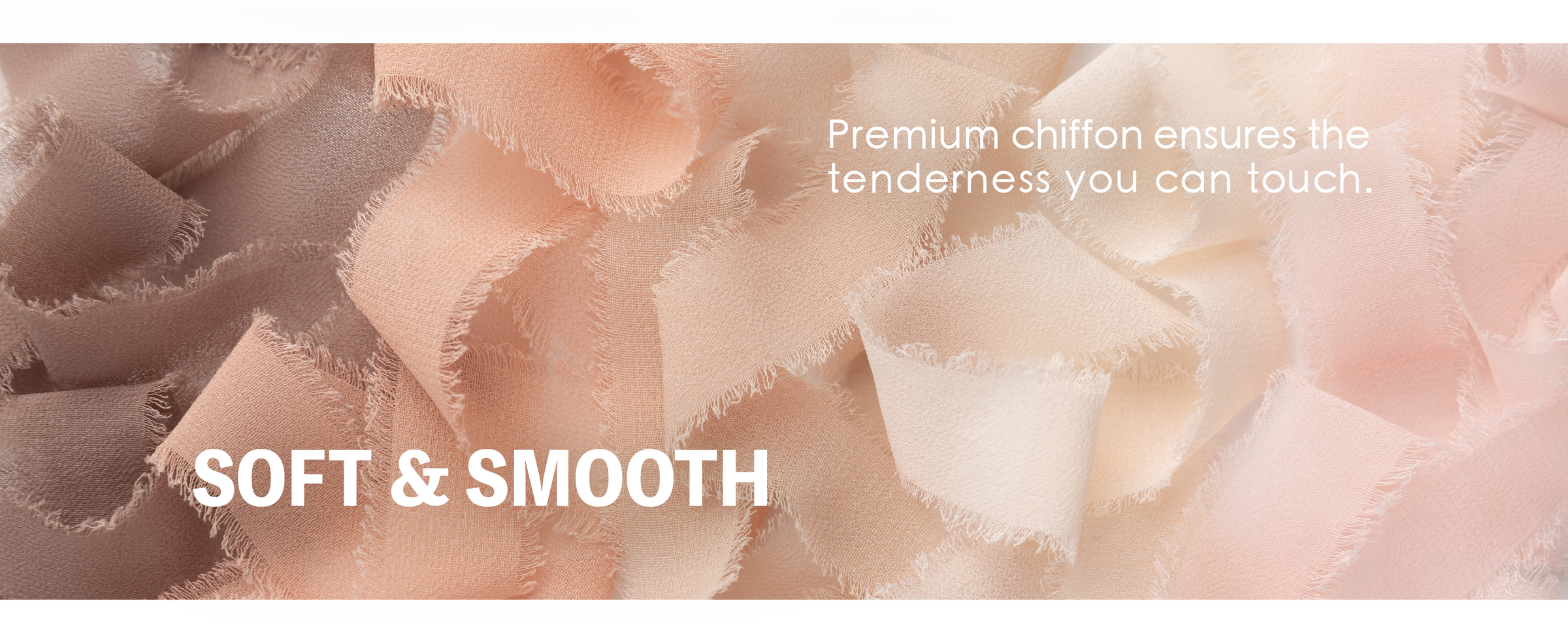 Close-up of layered peach, blush, taupe, and ivory chiffon ribbons with frayed edges