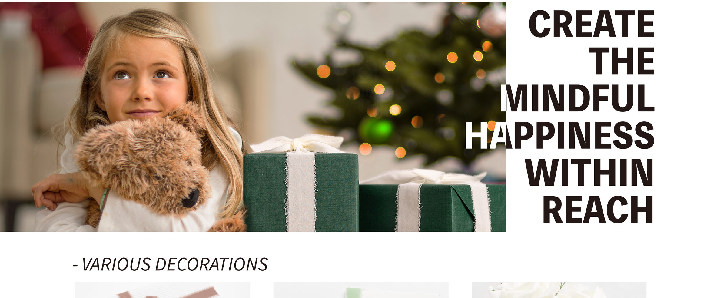 Girl holding a plush dog beside a green gift wrapped with wide frayed-edge ivory chiffon ribbon