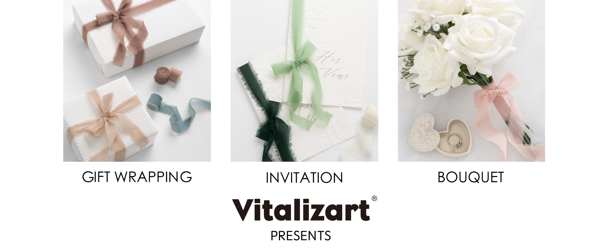 Frayed chiffon ribbon used on wrapped gifts, wedding invitations, and a white rose bouquet