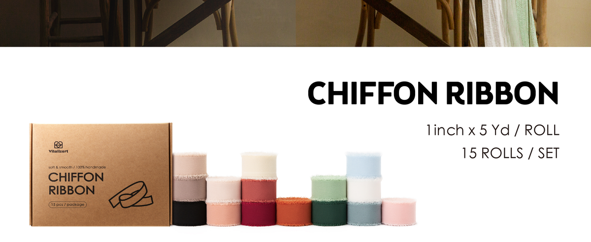 Fifteen rolls of frayed-edge chiffon ribbon in assorted warm, pastel, green, blue, and black colors