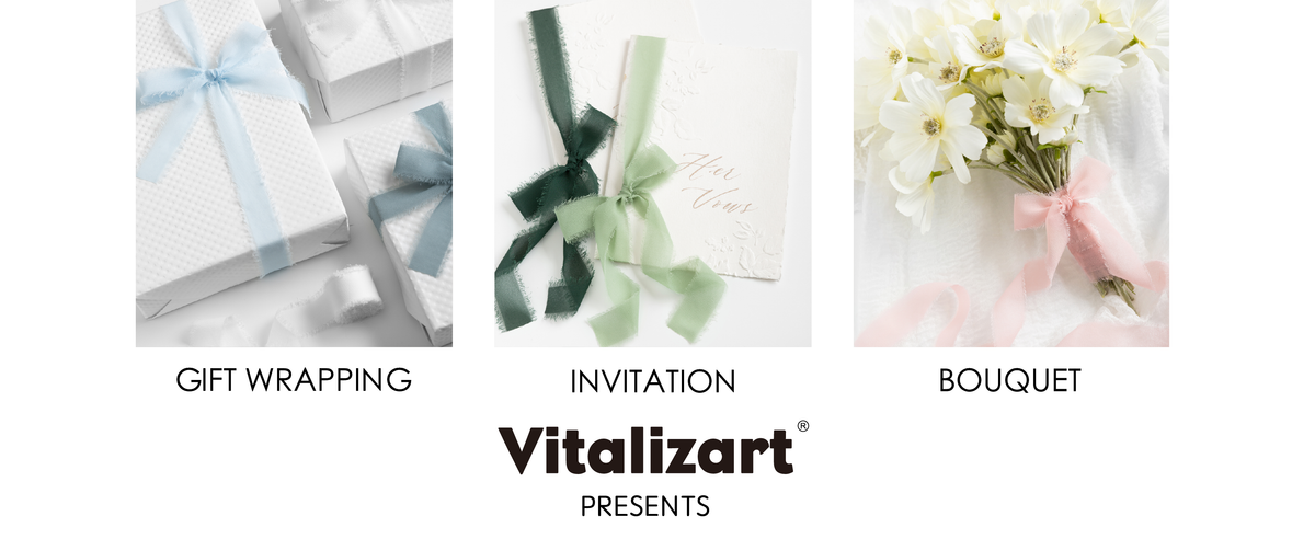 Frayed chiffon ribbon decorating gift boxes, invitations and a white flower bouquet