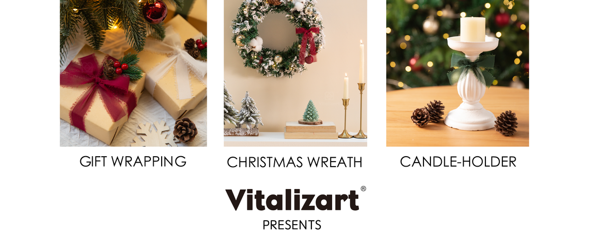 Frayed chiffon ribbon used on Christmas gifts, a snowy wreath and a white candleholder