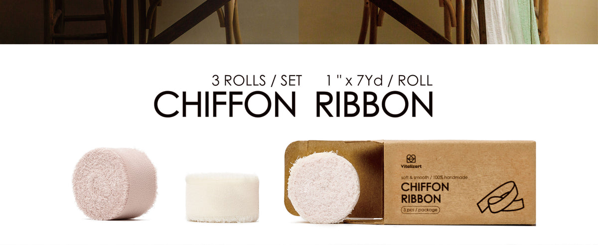 Three 1-inch chiffon ribbon rolls in blush pink and ivory, with soft texture and fringed edges.