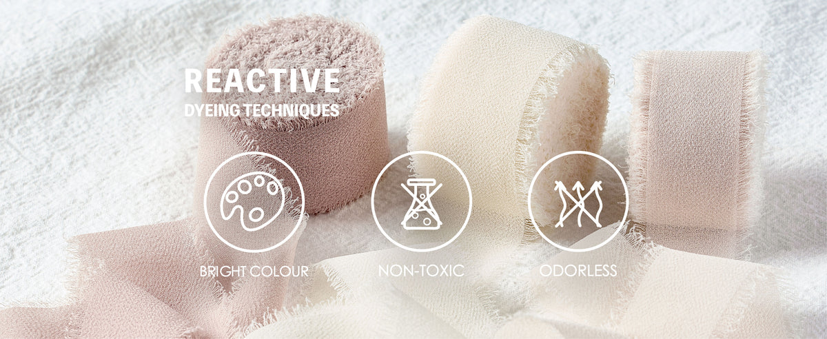 Blush and ivory fringed chiffon ribbons with icons for bright color, non-toxic dye, and odorless material.