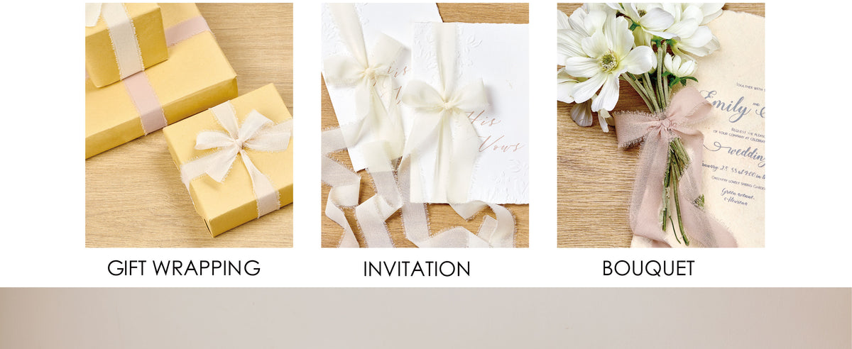 Blush and ivory chiffon ribbon decorating wrapped gifts, wedding invitations, and a flower bouquet.